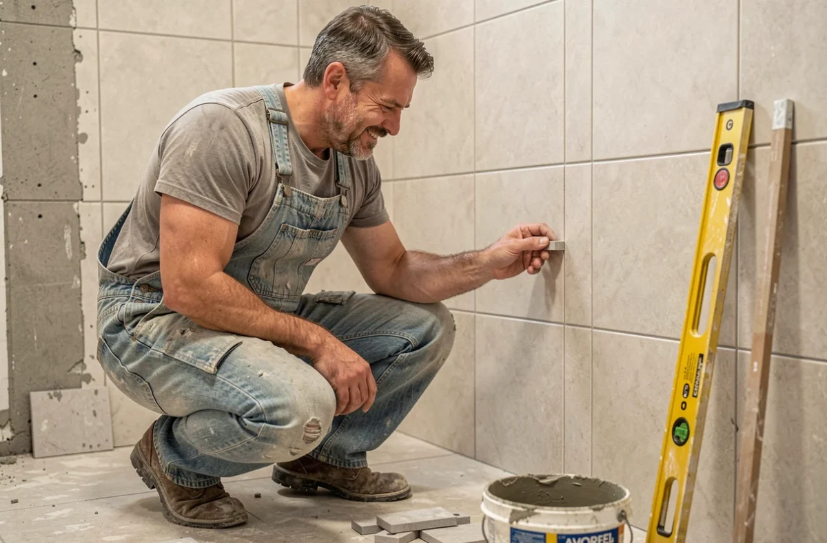 Homme réalisant des travaux de carrelage dans une salle de bain en rénovation DIY