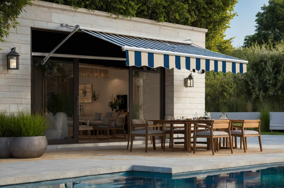 Un store banne est installé au dessus d'une terrasse afin d'apporter de l'ombre