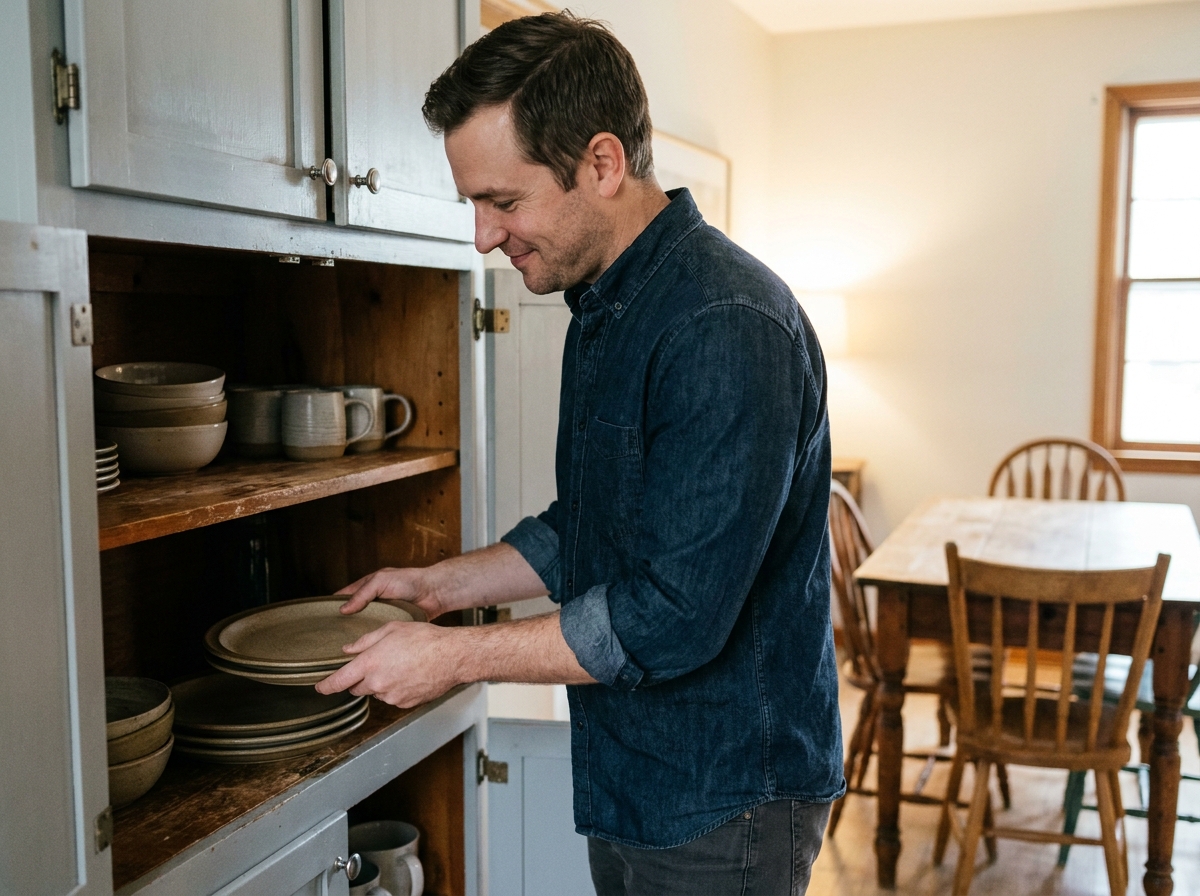 Homme rangeant des assiettes en grès épaisses dans un placard de cuisine en bois usé par le temps