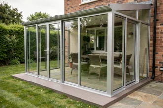 Véranda moderne en aluminium avec vitrage double face donnant sur un jardin aménagé, vue depuis l'extérieur