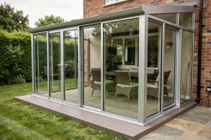 Véranda moderne en aluminium avec vitrage double face donnant sur un jardin aménagé, vue depuis l'extérieur