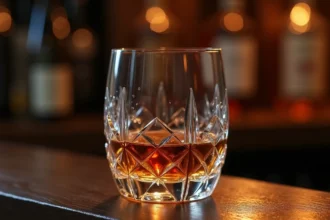 Verre à whisky en cristal taillé avec design géométrique tendance 2026 posé sur un comptoir en noyer sombre