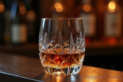 Verre à whisky en cristal taillé avec design géométrique tendance 2026 posé sur un comptoir en noyer sombre