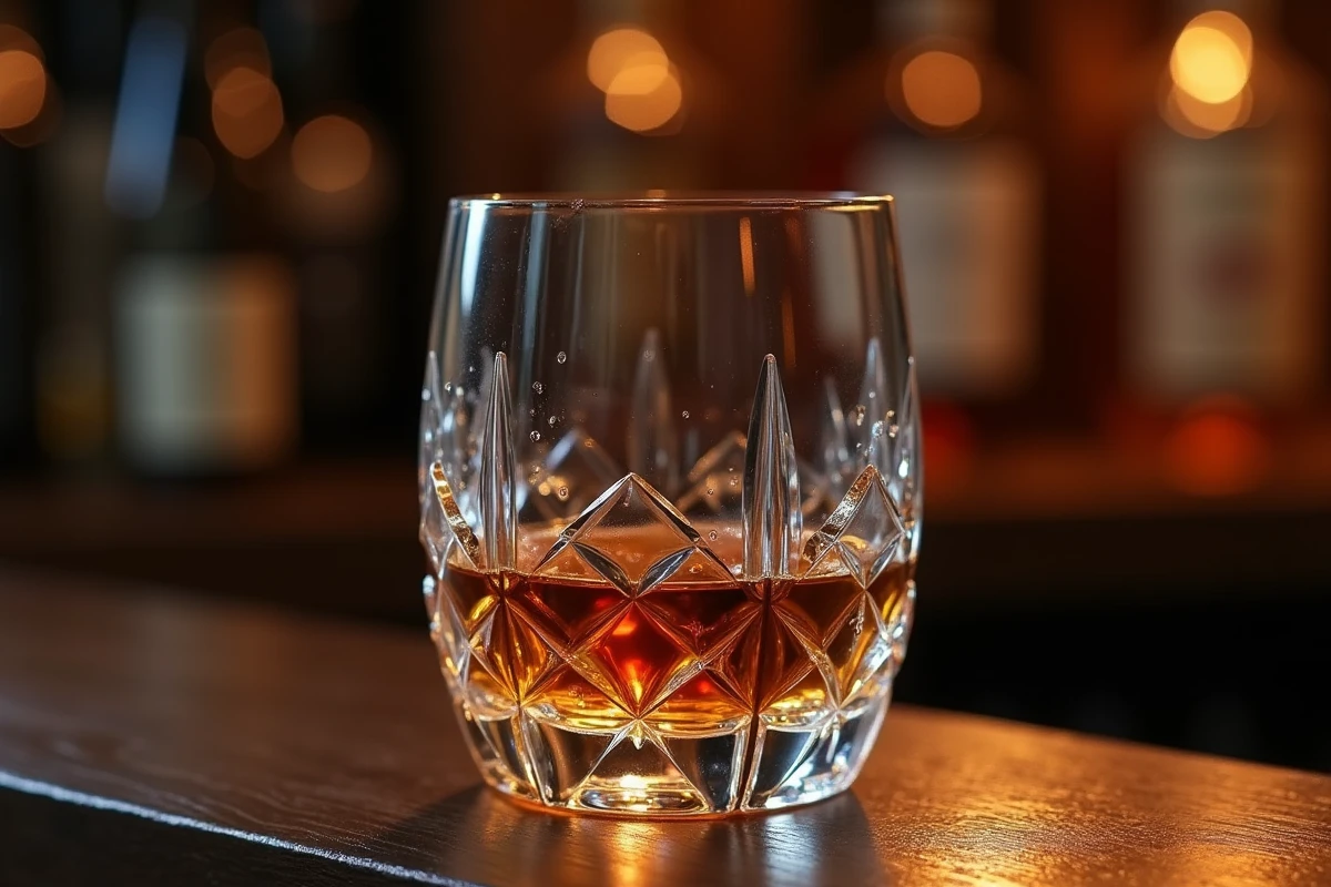 Verre à whisky en cristal taillé avec design géométrique tendance 2026 posé sur un comptoir en noyer sombre