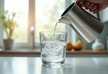 Verre mesureur rempli d'eau sur plan de cuisine lumineux