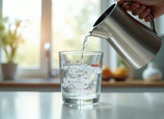 Verre mesureur rempli d'eau sur plan de cuisine lumineux