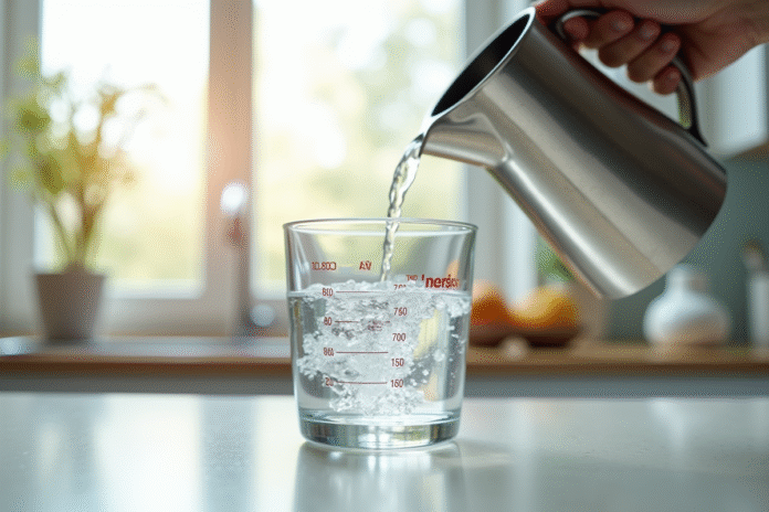 Verre mesureur rempli d'eau sur plan de cuisine lumineux