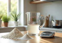 Verre mesureur rempli à 500 ml sur un plan de cuisine avec ingrédients secs