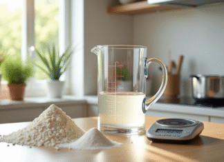 Verre mesureur rempli à 500 ml sur un plan de cuisine avec ingrédients secs