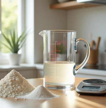 Verre mesureur rempli à 500 ml sur un plan de cuisine avec ingrédients secs