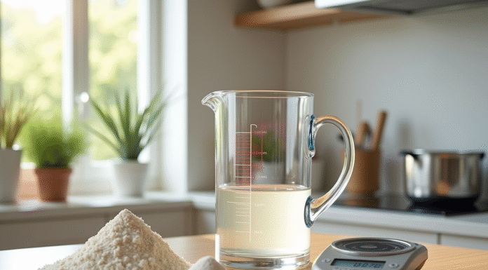 Verre mesureur rempli à 500 ml sur un plan de cuisine avec ingrédients secs