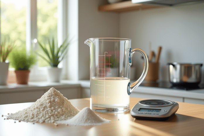 verre-mesure-ingredients-cuisine Verre mesureur rempli à 500 ml sur un plan de cuisine avec ingrédients secs