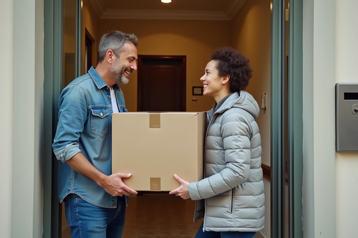 Deux voisins échangeant des cartons gratuits à l'entrée d'un immeuble résidentiel